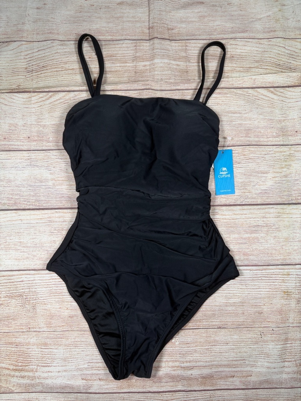 NWT Classic Black Ruched‎ One-Piece Swimsuit with Adjustable Straps